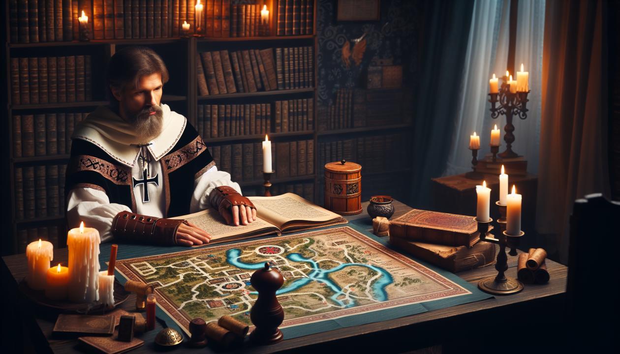 Рассказчик, сидящий за столом, перед ним карта мира Dungeons and Dragons, на фоне книг и свечей.