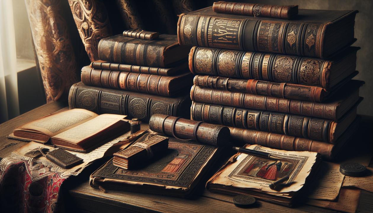 Изображение старинных книг и рукописей, ассоциирующихся с русской литературой XIX века.