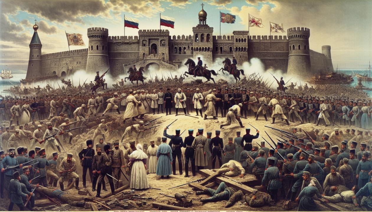 Изображение художника, на котором изображена сцена Крымской войны 1853-1856 годов. В центре - бой российских солдат против французских и британских войск на фоне севастопольской крепости. На переднем плане - солдаты разных национальностей в боевой форме, с флагами своих стран, вокруг - дым и разрушенные здания, показывающие жестокие последствия войны.