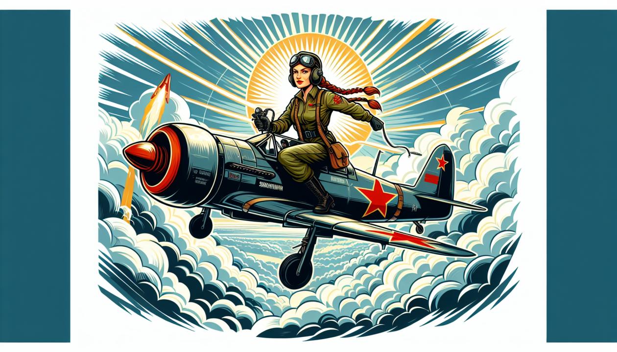 Изображение смелой женщины-летчицы в элитной боевой одежде, управляющей истребителем ЯК-9, в небе во время Второй мировой войны, с динамичным фоном облаков и солнца, символизирующим мужество и отдачу.