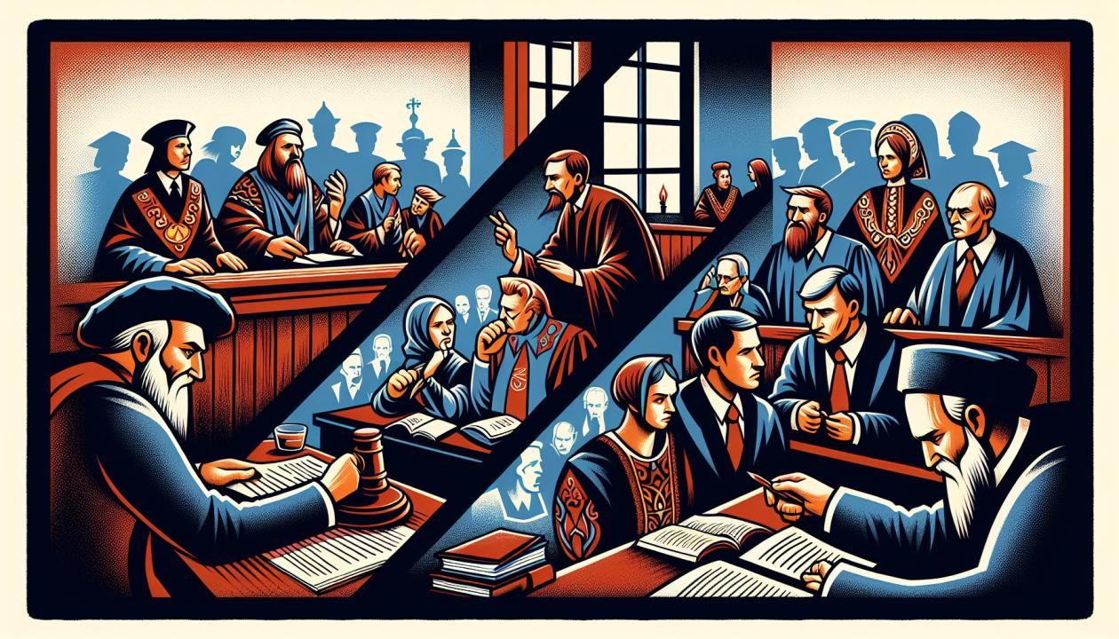 Иллюстрация, изображающая суд, где граждане защищают свои права. Сцена должна быть разделена на две части: одна часть показывает людей, обсуждающих свои проблемы, другая - судью, принимающего решение.