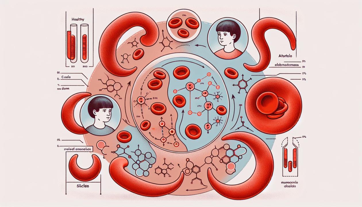 Изображение серповидноклеточной анемии, на котором показаны здоровые и аномальные красные кровяные клетки. Здоровые клетки круглой формы, а серповидные клетки имеют форму полумесяца. На фоне научная схема, показывающая процессы, происходящие при этом заболевании.