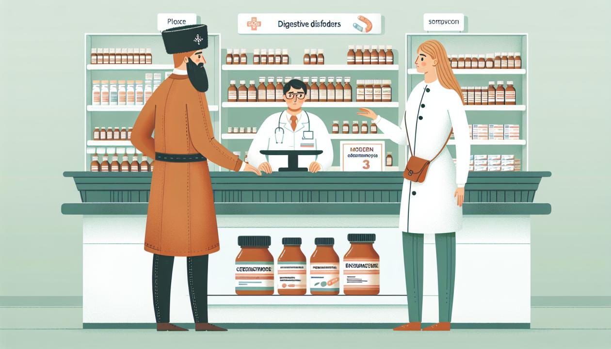 Иллюстрация фармацевта, консультирующего покупателя в аптеке, с витриной современных лекарственных препаратов для заболеваний ЖКТ на фоне.