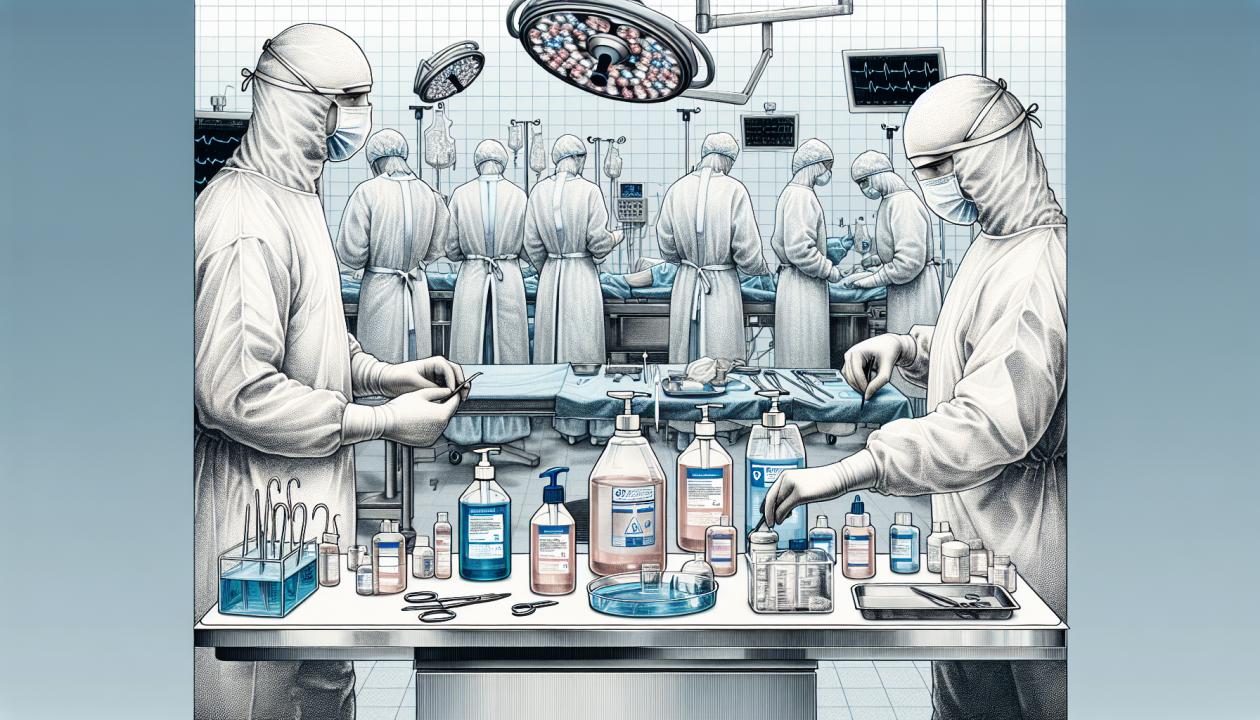 Изображение, иллюстрирующее меры профилактики внутрибольничных инфекций в хирургии, включает медицинских работников в стерильной одежде, хирургический зал с соблюдением асептики, антисептические растворы и оборудование, а также символы здоровья и безопасности.