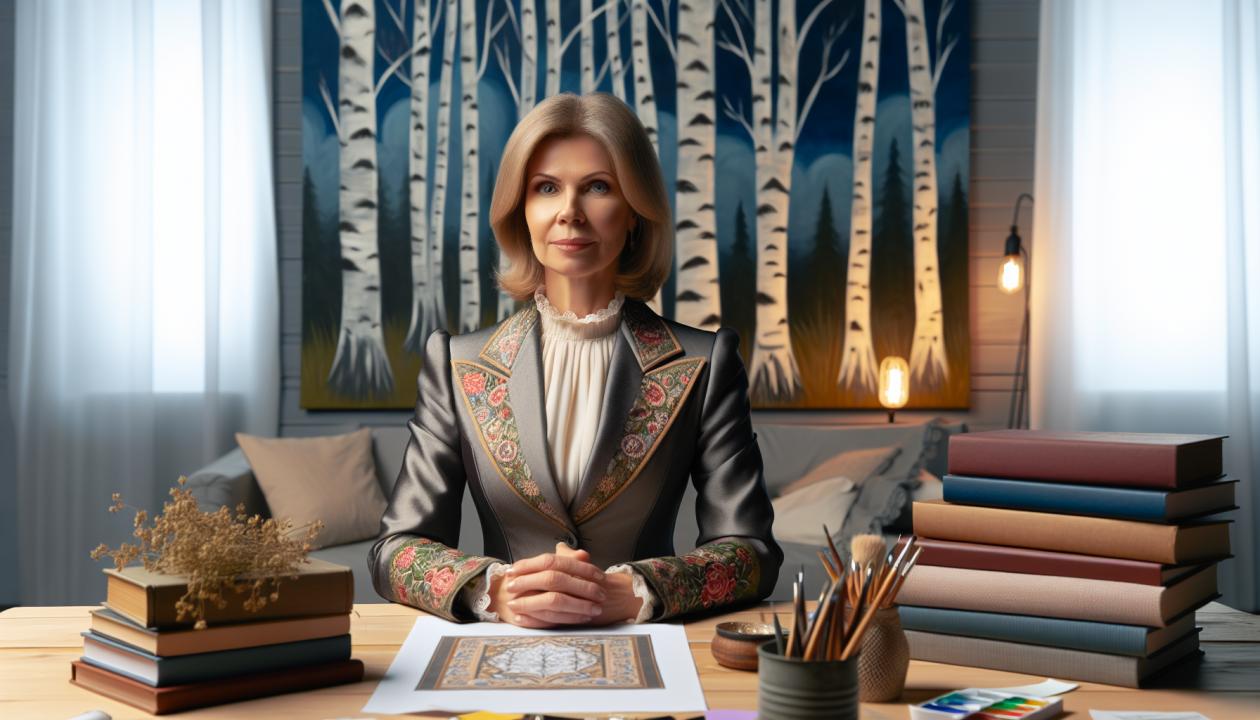 Портрет женщины средних лет в деловом костюме, с книгами и материалами по психологии на столе, в фоне изображение березового леса, символизирующего русский народный фольклор и связь с природой, мягкий свет, уютная обстановка.