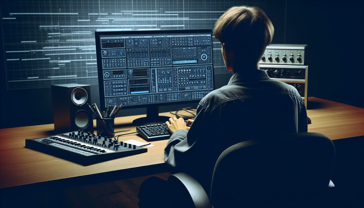 Рисунок студента, работающего за компьютером в программе FL Studio, создающего музыкальные биты.
