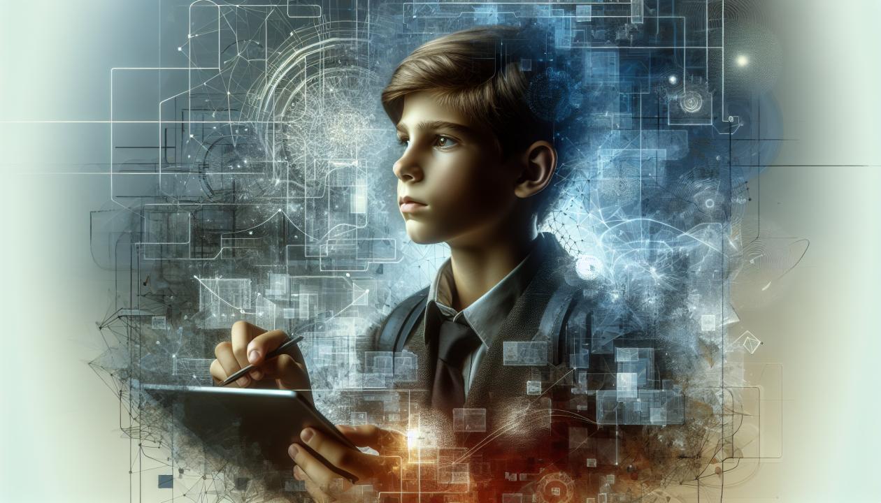 Изображение школьника, окруженного технологиями, но в то же время погруженного в свое внутреннее развитие, процессы мышления и эмоциональный мир.