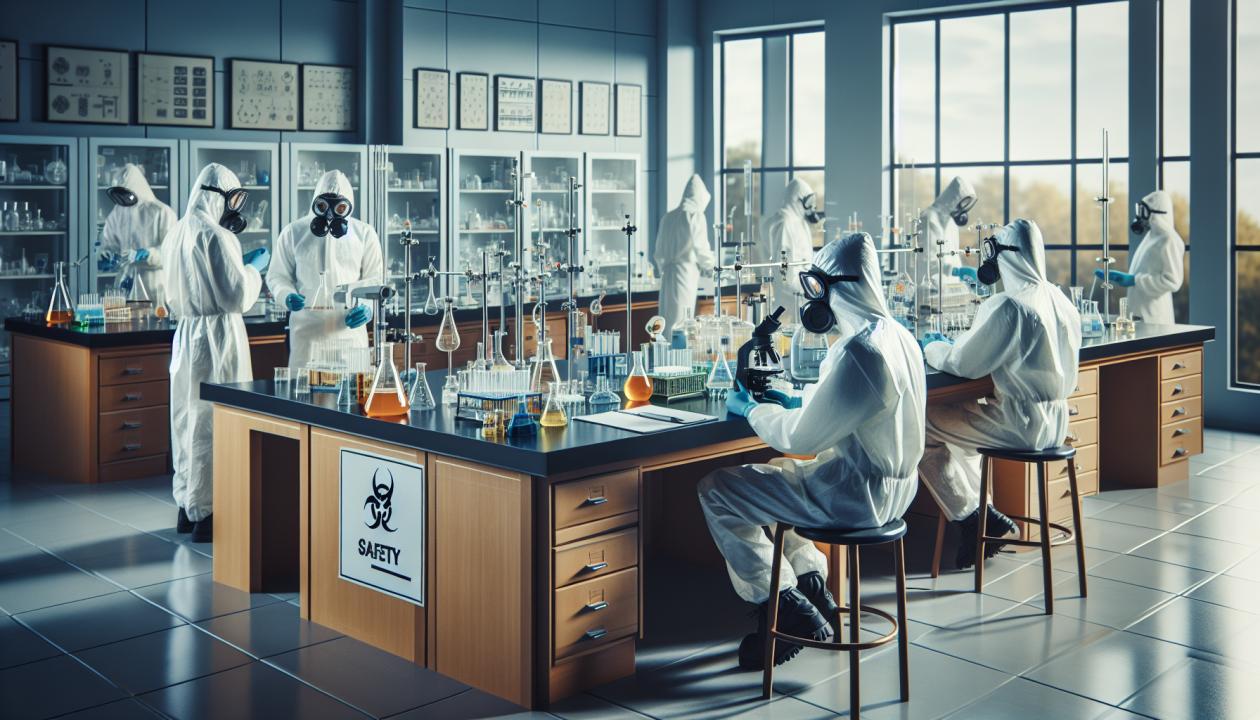 Рисунок с изображением химической лаборатории, на котором заметно соблюдение мер безопасности и используемые средства индивидуальной защиты (очки, фартук, перчатки и т.д.)
