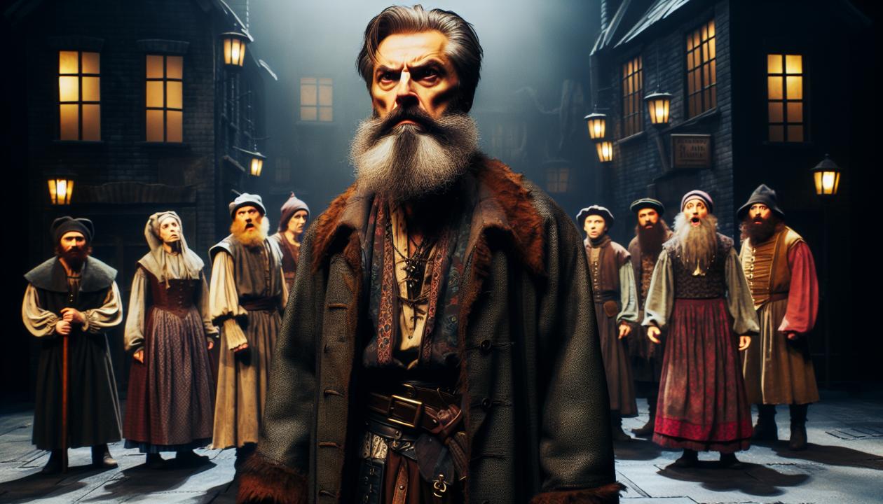 Изображение грубого купца с резким выражением лица, стоящего на фоне темной улицы, окруженного другими персонажами пьесы, которые смотрят на него с недоумением. Атмосфера напряжения и конфликта, отражающая характер Дикого.