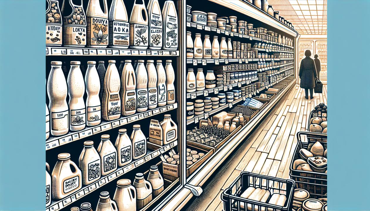 Иллюстрация, показывающая ассортимент молочных продуктов на полках магазина, с акцентом на упаковку, маркировку и условия хранения.