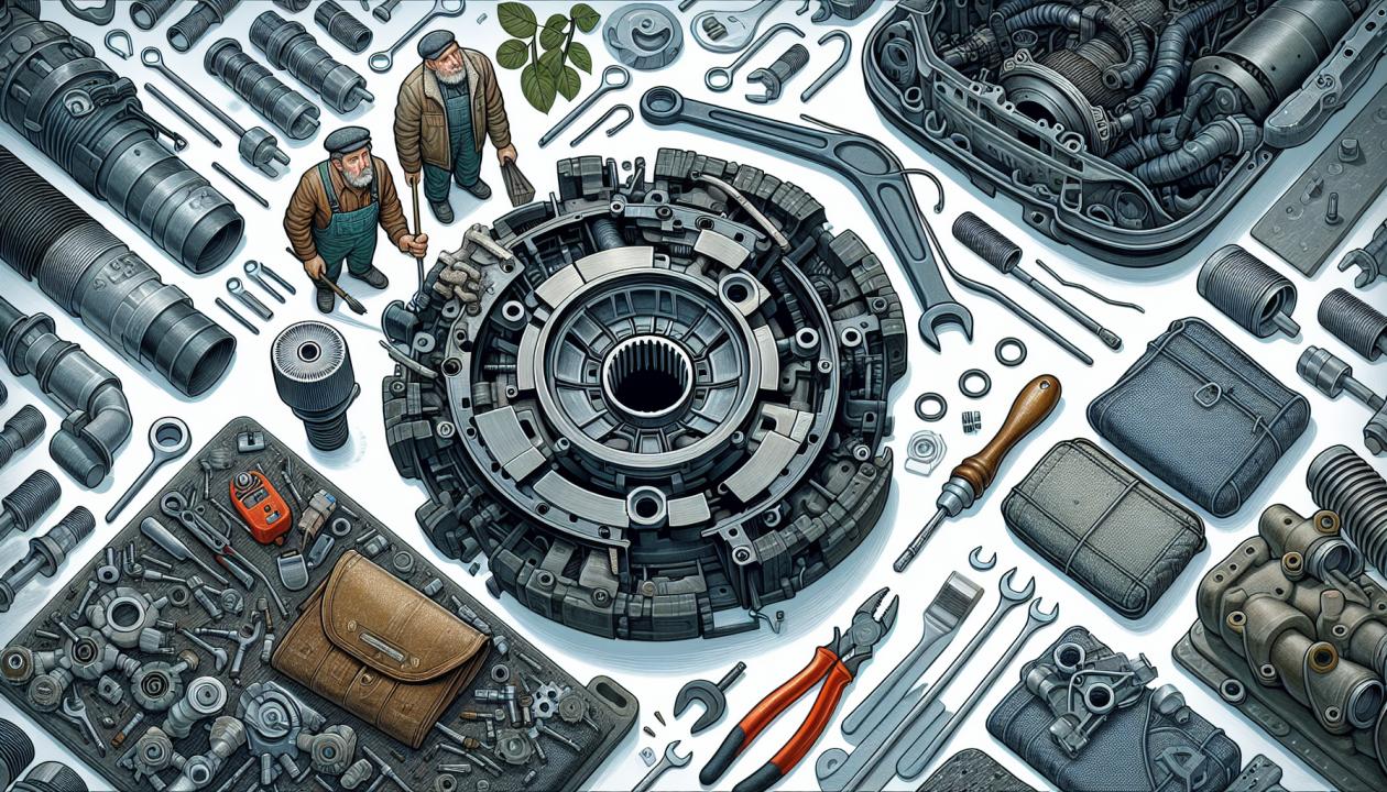 Изображение процесса ремонта сцепления автомобиля Лада Гранта, включая инструменты, разбор сцепления и замена деталей.